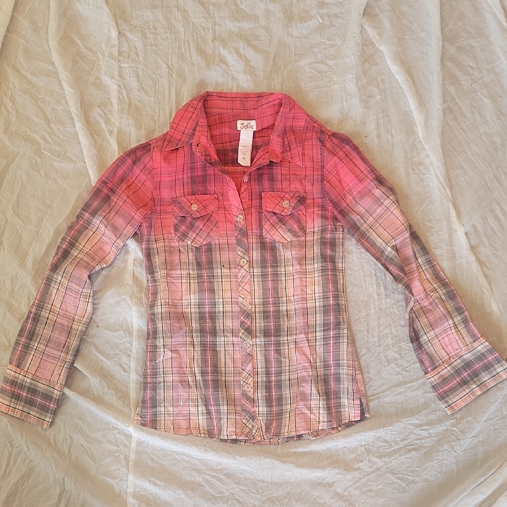 Justice Girls Size 8 Pink Gradient Plaid Button Down Shirt